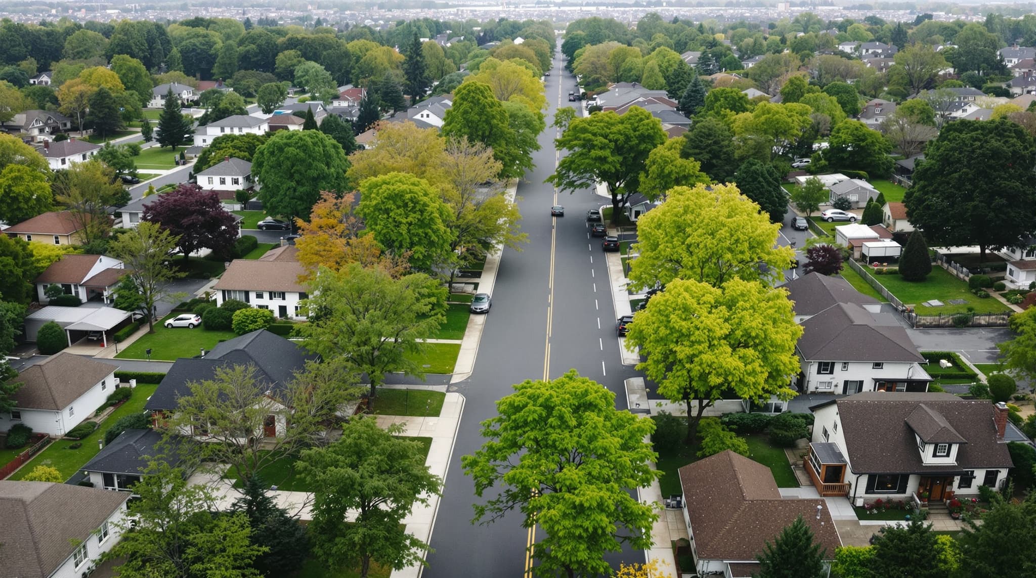 Aerial view of a Long Island suburban neighborhood